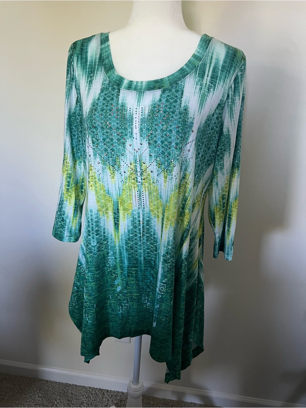 ONE WORLD Teal and Yellow Printed Scoop-Neck Tunic with Rhinestones